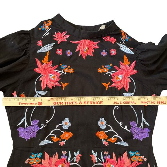 Asos Dress Women's Size 14 Black Cotton Embroidered Floral Colorful Open Back - Picture 10 of 13
